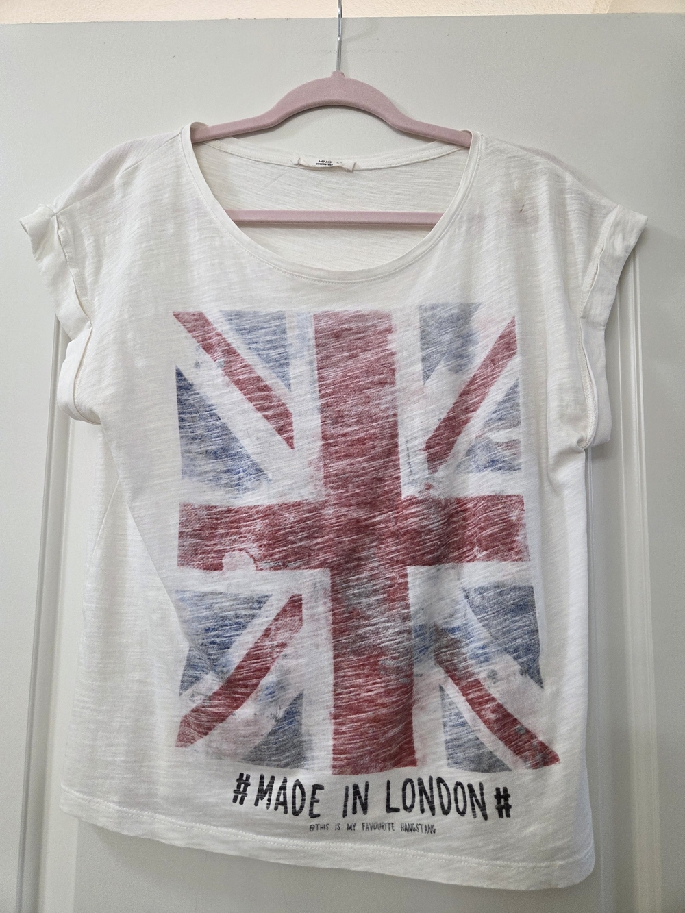 Mango White Tee with Faded Red & Blue Union Jack Print